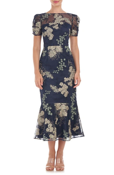 Js Collections Hope Floral Embroidered Flounce Hem Dress In Navy/ Jade
