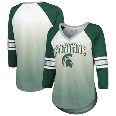 G-iii 4her By Carl Banks White/green Michigan State Spartans Lead Off Ombre Raglan 3/4-sleeve V-neck In White,green