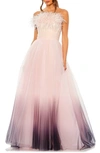 Mac Duggal Strapless Tulle Gown With Feather Accents In Pink Ombre