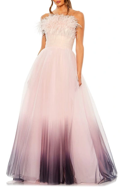 Mac Duggal Strapless Tulle Gown With Feather Accents In Pink Ombre