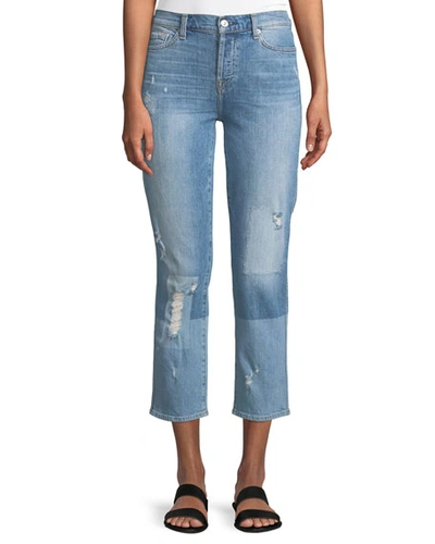 7 For All Mankind Edie Distressed Bleached Denim Straight-leg Jeans In Laser Denim W/ Patches