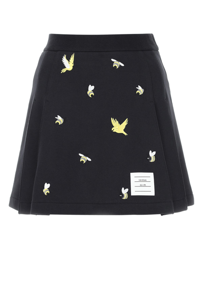 Thom Browne Loopback Birds And Bees Side Pleated Mini Skirt In Blue