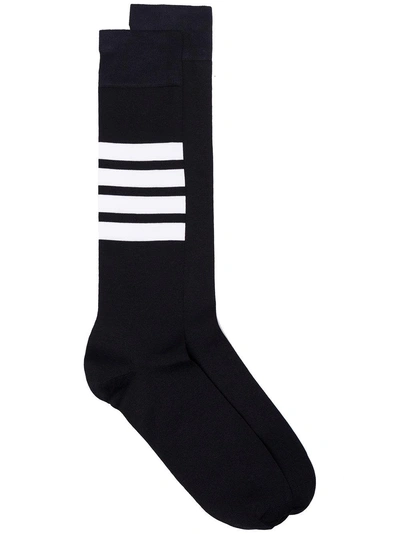 Thom Browne Navy Socks With White Stripes In Brown