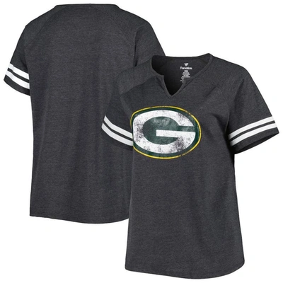 Fanatics Branded Heather Charcoal Green Bay Packers Plus Size Logo Striped Raglan Notch Neck T-shirt
