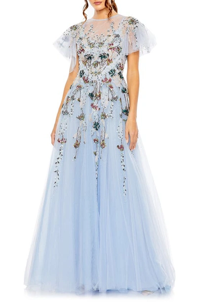 Mac Duggal Floral Embellished Sequin Tulle A-line Gown In Periwinkle