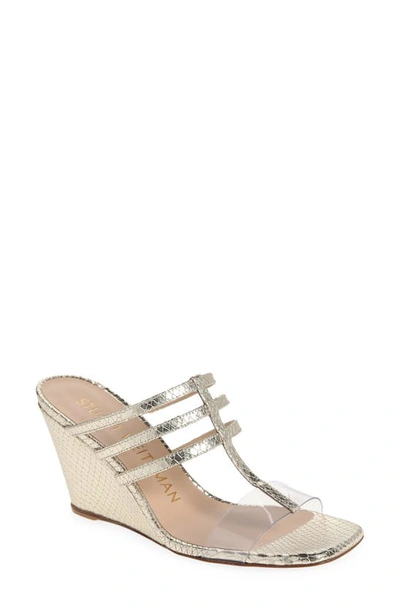 Stuart Weitzman Deco 85 Wedge Sandal In Platino/ Clear