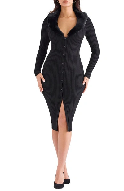House Of Cb Faux Fur Trim Long Sleeve Rib Dress In Black