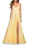 La Femme Strappy Back Satin Ballgown In Pale Yellow