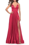 La Femme Strappy Back Satin Ballgown In Red