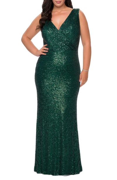 La Femme Sequin V-neck Trumpet Gown In Emerald