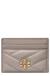 Tory Burch Kira Chevron Leather Card Case In Gray Heron/gold