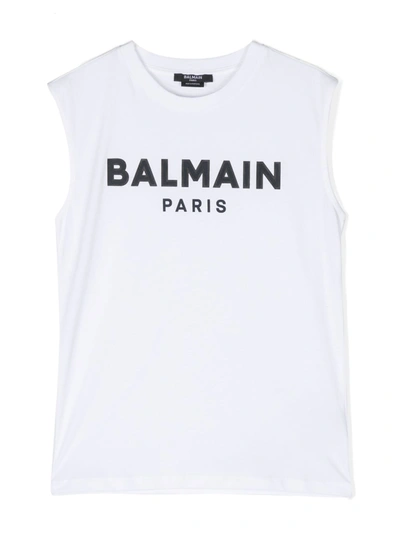 Balmain Babies' Logo Rubber Print Cotton Jersey Tank Top In White