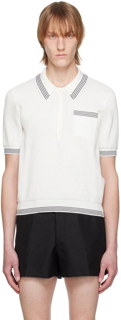 Thom Browne Waffle Stitch Cotton Tipping Stripe Short Sleeve Polo In White