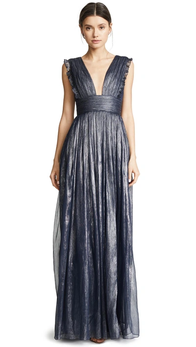 Monique Lhuillier Bridesmaids Metallic Ruffle Gown With V Neckline In Navy