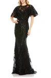 Mac Duggal Embellished Flutter Sleeve High Neck Gown In Black