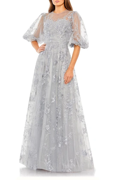 Mac Duggal Embroidered Illusion High Neck Puff Sleeve A Line In Sterling Silver