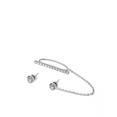 Joomi Lim Crystal Stud Earrings & Crystal Ear Cuff W/ Connecting Chain In Grey