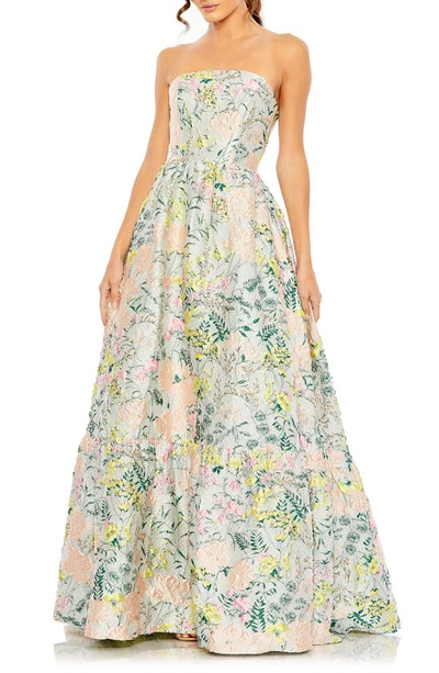 Mac Duggal Floral Brocade Strapless A Line Gown In Multicolor