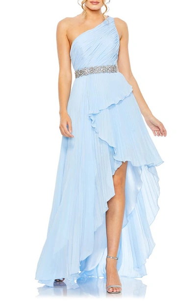 Mac Duggal Pleated One Shoulder Asymmetrical Ruffle Hem Gown In Blue