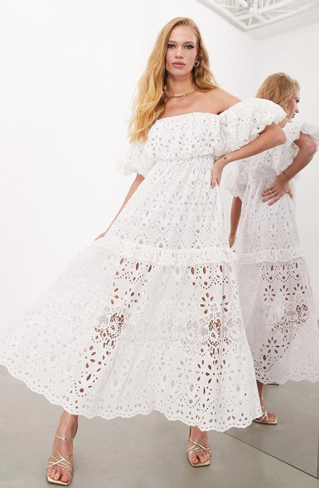 asos eyelet midi dress ASOS DESIGN eyelet tiered midi tea dress in mixed ditsy print