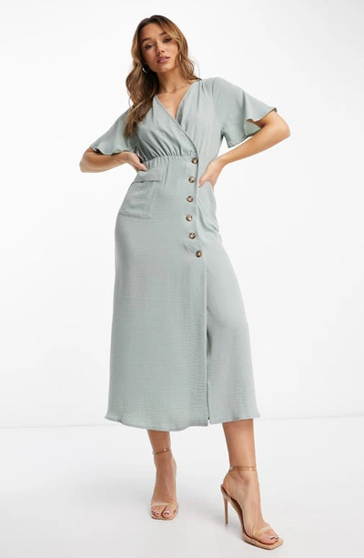 Asos Design Wrap Button Skirt Midi Dress With Pocket Detail In Duck Egg-blue