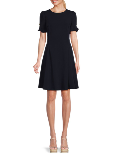 Dkny Ruffle Sleeve Crepe Fit & Flare Dress In Navy