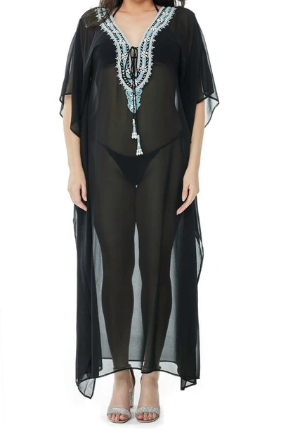 Ranee's Beaded Mesh Woven Kaftan Coverup In Black