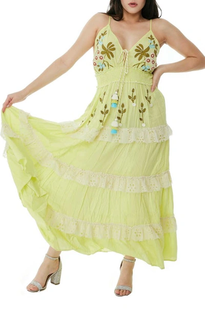 Ranee's Embroidered Tie Neck Maxi Dress In Neon Green