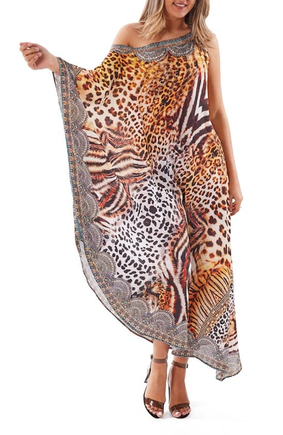 Ranee's Crystal Embellished Animal Print One-shoulder Dress In Brown