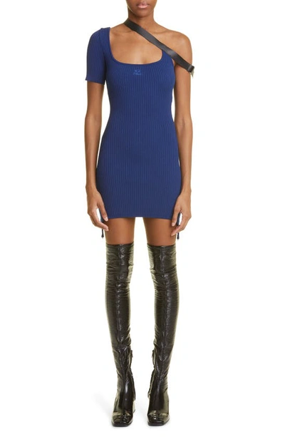 Courrèges Asymmetric Faux Leather-trimmed Embroidered Ribbed-knit Mini Dress In Blue