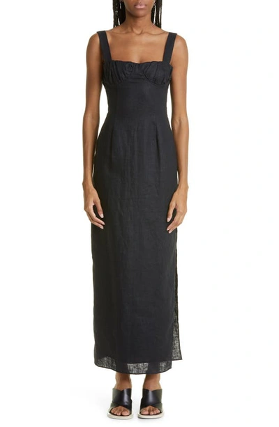 Sir Bettina Ruched Linen Midi Dress In Black