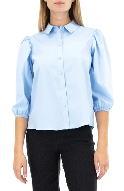 Nanette Lepore Three-quarter Puff Sleeve Poplin Shirt In Chambray Blue