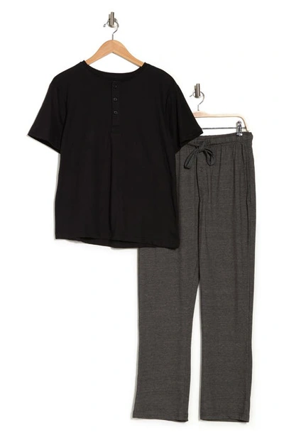 Sleephero Short Sleeve Henley & Pants Pajama Set In Charcoal Heather Grey W/ Navy