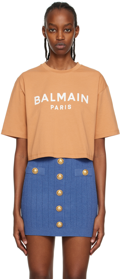 Balmain Logo-print Cropped T-shirt In Marrone