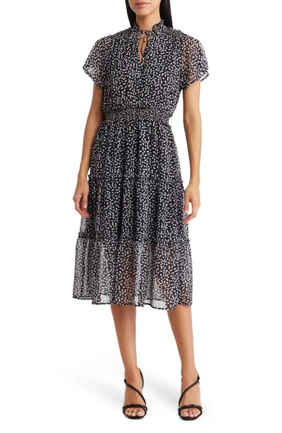 Melrose And Market Tiered Midi Dress In Black- White Blue Dot