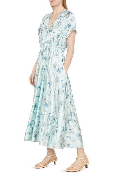 Vince Floral Crushed Satin Dress In Pale Lagoon
