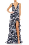 Mac Duggal Floral Print Sleeveless Ruffled High-low Gown In Navy Multi