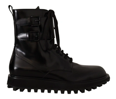 Dolce & Gabbana Black Leather Combat Lace Up  Boots Shoes
