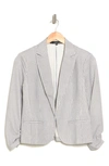 Amanda & Chelsea Three-quarter Scrunch Sleeve Railroad Stripe Blazer In Blue/ White