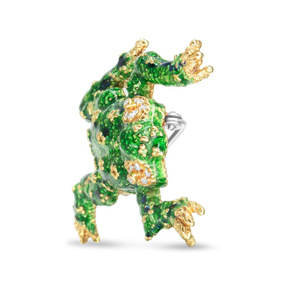 Haus Of Brilliance 18k Yellow Gold 1/6 Cttw Diamond Green Frog Enamel Floral Brooch Pin