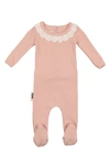 Maniere Babies' Eyelet Collar Cotton Knit Footie In Mauve