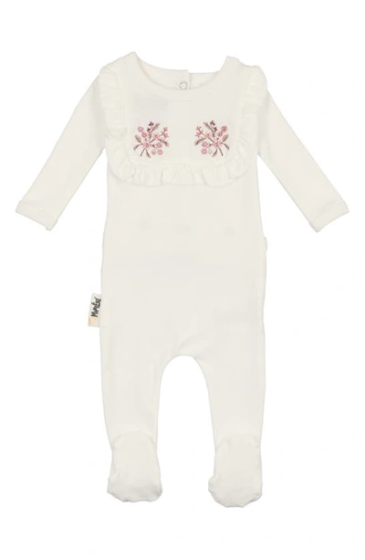 Maniere Babies' Floral Embroidered Cotton Knit Footie In White