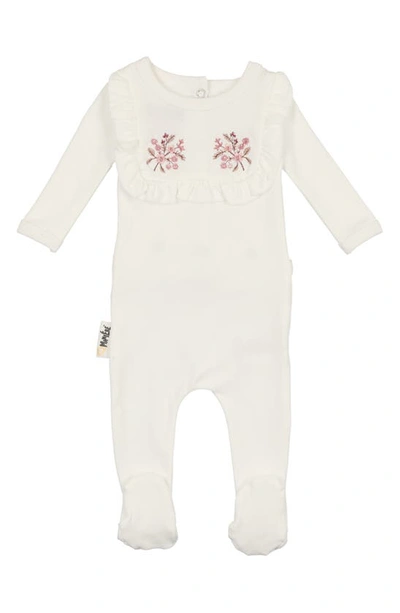 Maniere Floral Embroidered Cotton Knit Footie In White