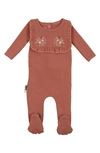 Maniere Babies' Floral Embroidered Cotton Knit Footie In Rust