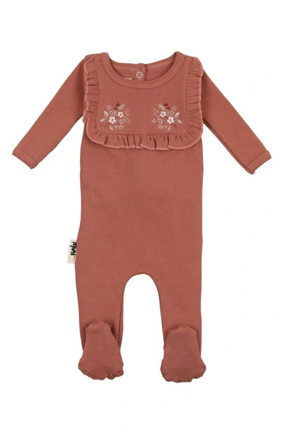 Maniere Babies' Floral Embroidered Cotton Knit Footie In Rust