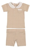 Maniere Manière Raised Stripe Short Sleeve Top & Shorts Set In Beige