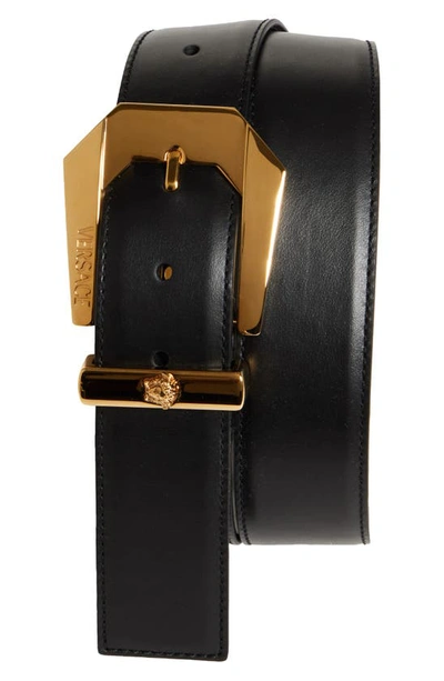 Versace Western Buckle Leather Belt In Black/ Gold