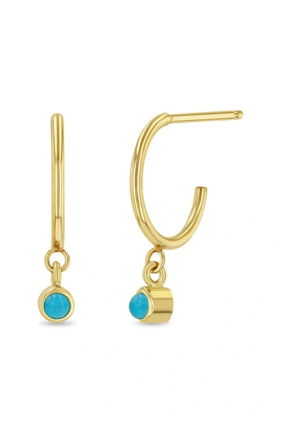 Zoë Chicco Dangling Turquoise Mini Huggies In 14k Yellow Gold