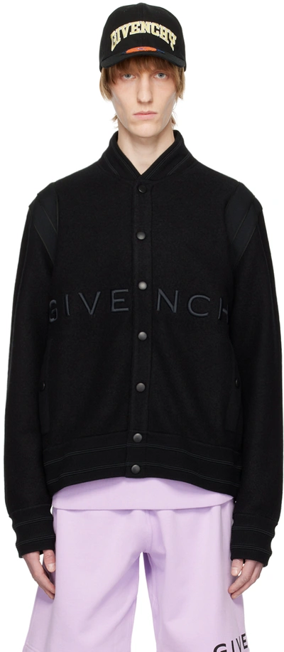 Givenchy Logo刺绣羊毛棒球夹克 In Black