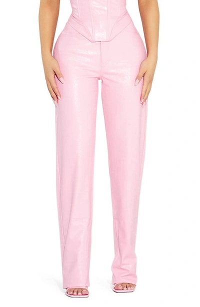 Naked Wardrobe Croc Embossed Faux Leather Straight Leg Pants In Pink